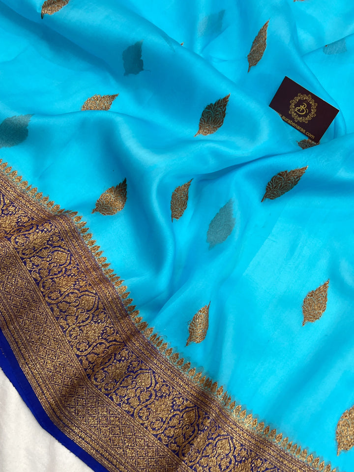 Sky Blue Pure Kora Silk Handloom Banarasi Saree