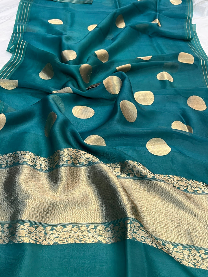 Peacock Green Pure Banarasi Handloom Kora Silk Saree