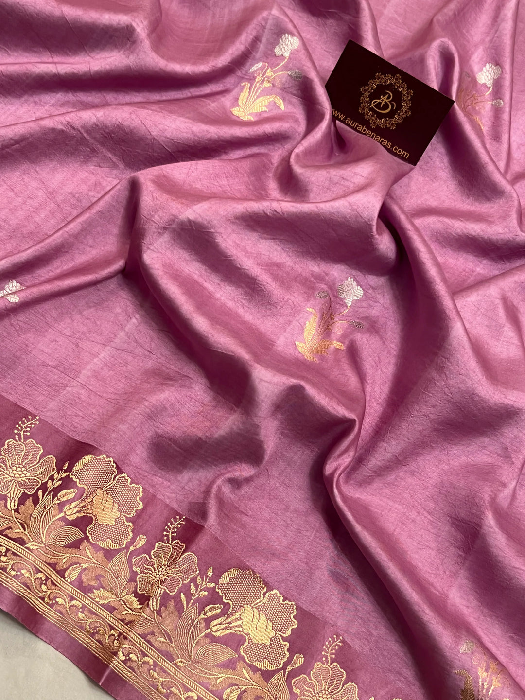 Dusty Lavender Pure silk handloom Banarasi saree with golden Kadhwa floral motifs
