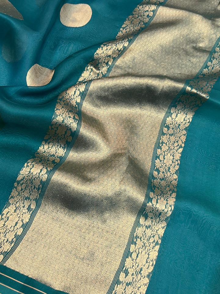 Peacock Green Pure Banarasi Handloom Kora Silk Saree