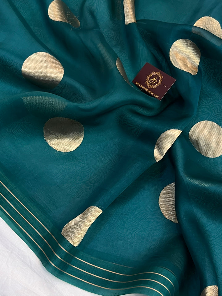 Peacock Green Pure Banarasi Handloom Kora Silk Saree