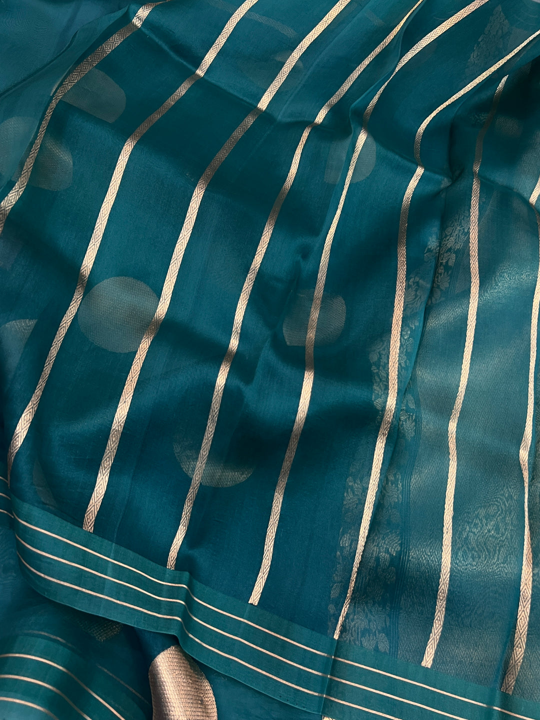 Peacock Green Pure Banarasi Handloom Kora Silk Saree