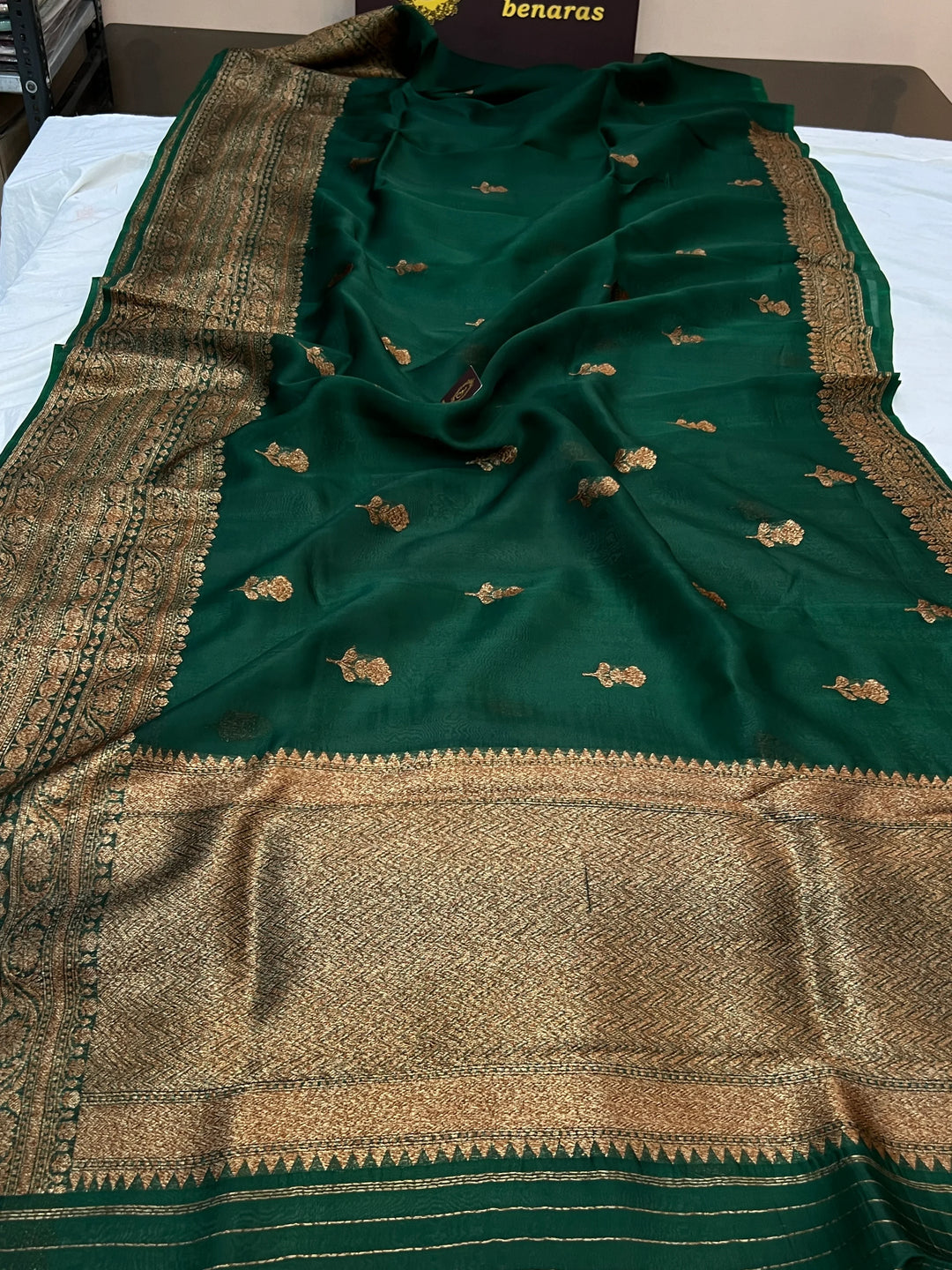 Bottle Green Pure Kora Silk Handloom Banarasi Saree