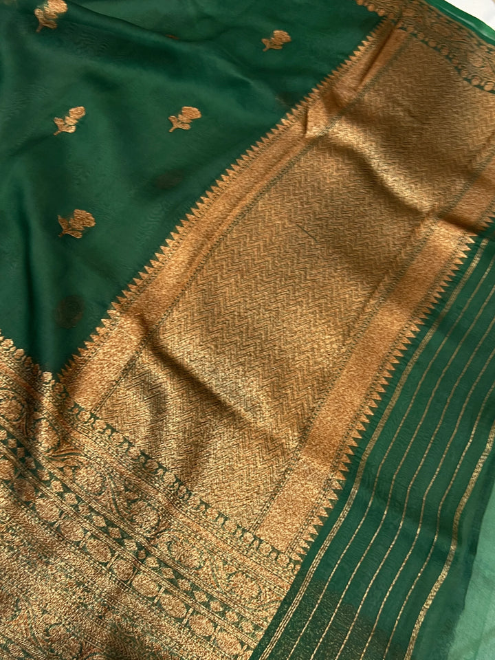 Bottle Green Pure Kora Silk Handloom Banarasi Saree