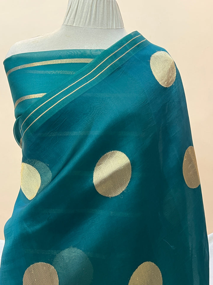 Peacock Green Pure Banarasi Handloom Kora Silk Saree