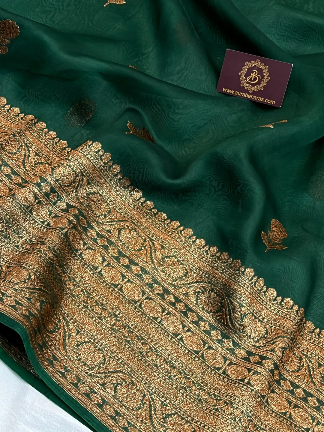 Bottle Green Pure Kora Silk Handloom Banarasi Saree