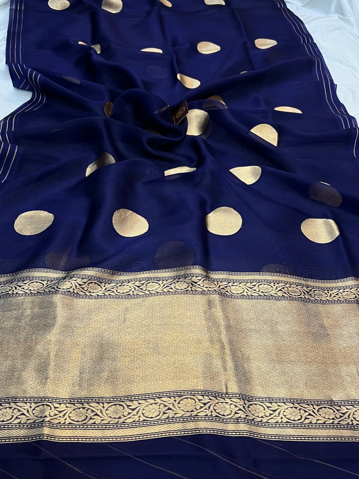Navy Blue Pure Banarasi Handloom Kora Silk Saree