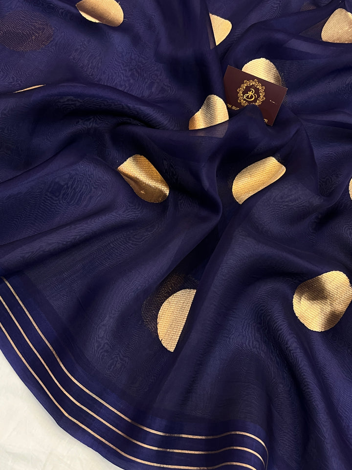 Navy Blue Pure Banarasi Handloom Kora Silk Saree