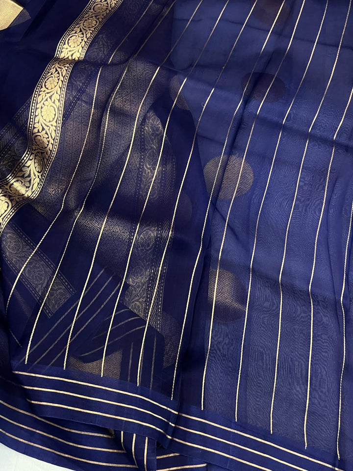 Navy Blue Pure Banarasi Handloom Kora Silk Saree