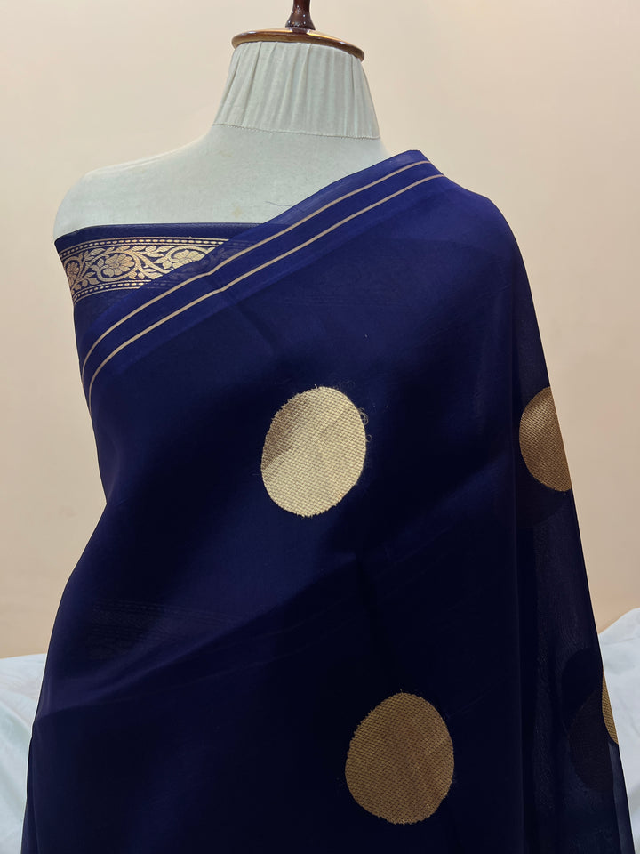 Navy Blue Pure Banarasi Handloom Kora Silk Saree