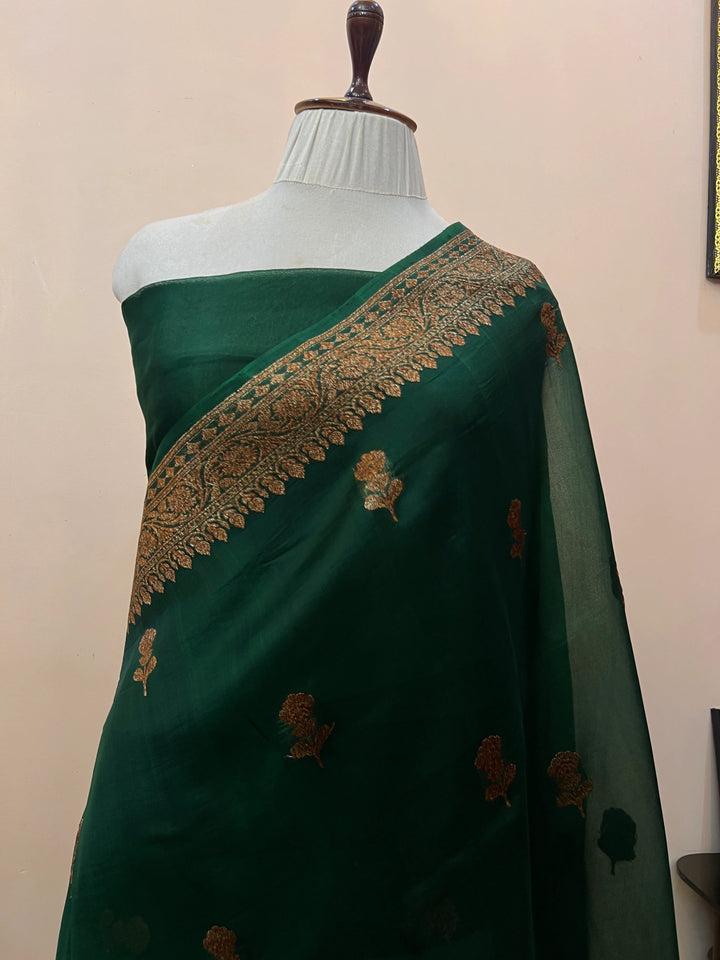 Bottle Green Pure Kora Silk Handloom Banarasi Saree