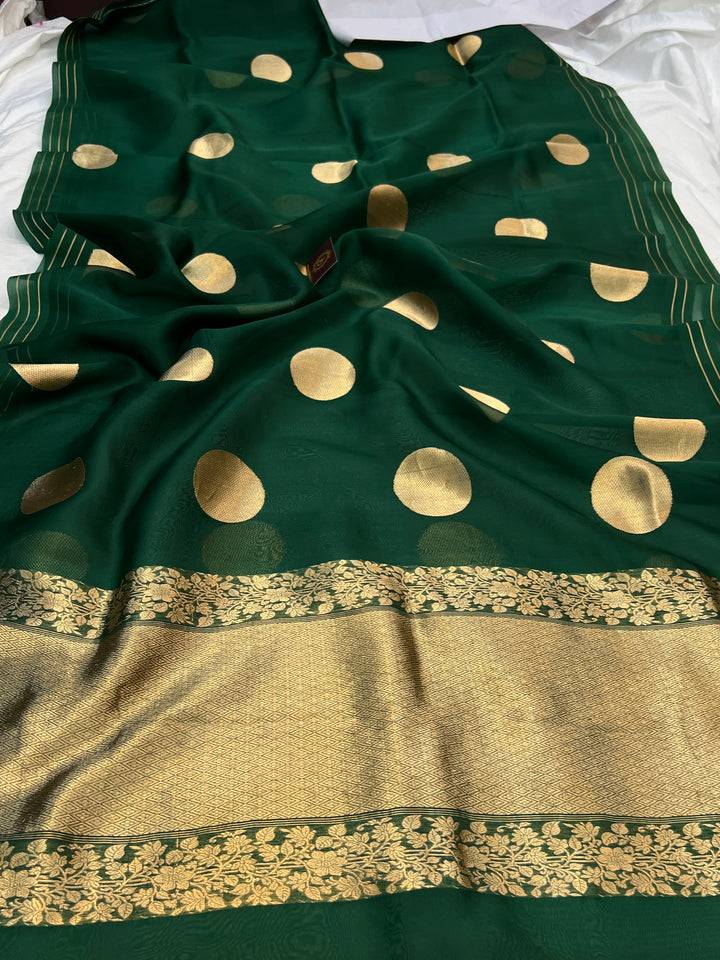 Bottle Green Pure Banarasi Handloom Kora Silk Saree
