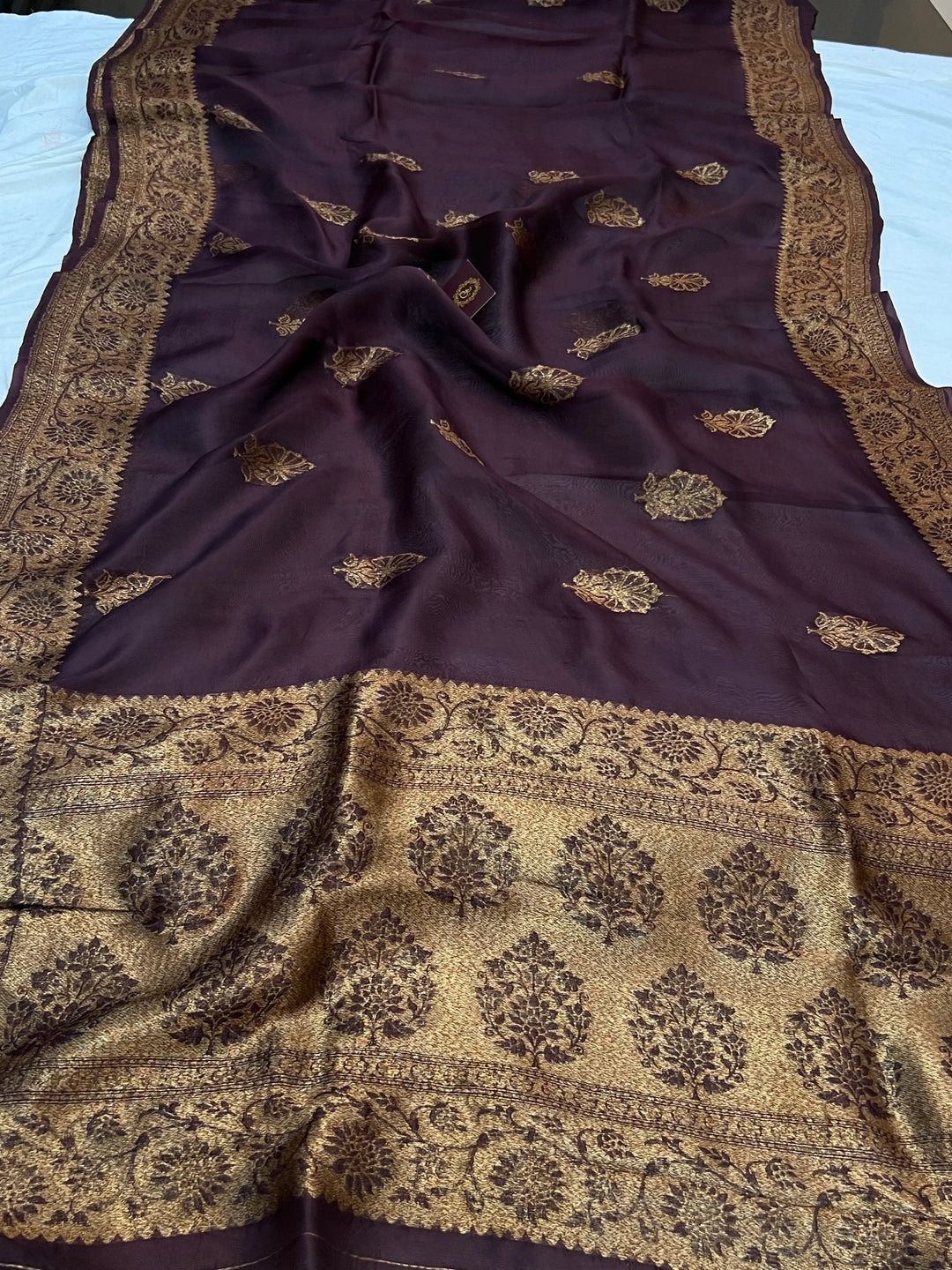 Brown Pure Kora Silk Handloom Banarasi Saree