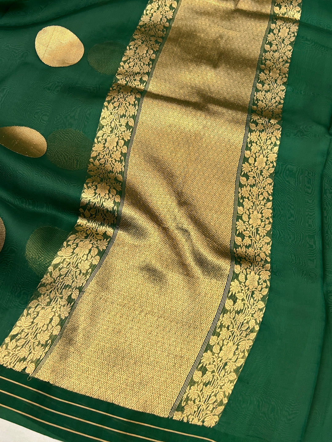 Bottle Green Pure Banarasi Handloom Kora Silk Saree
