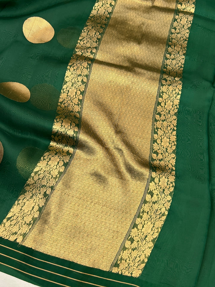 Bottle Green Pure Banarasi Handloom Kora Silk Saree