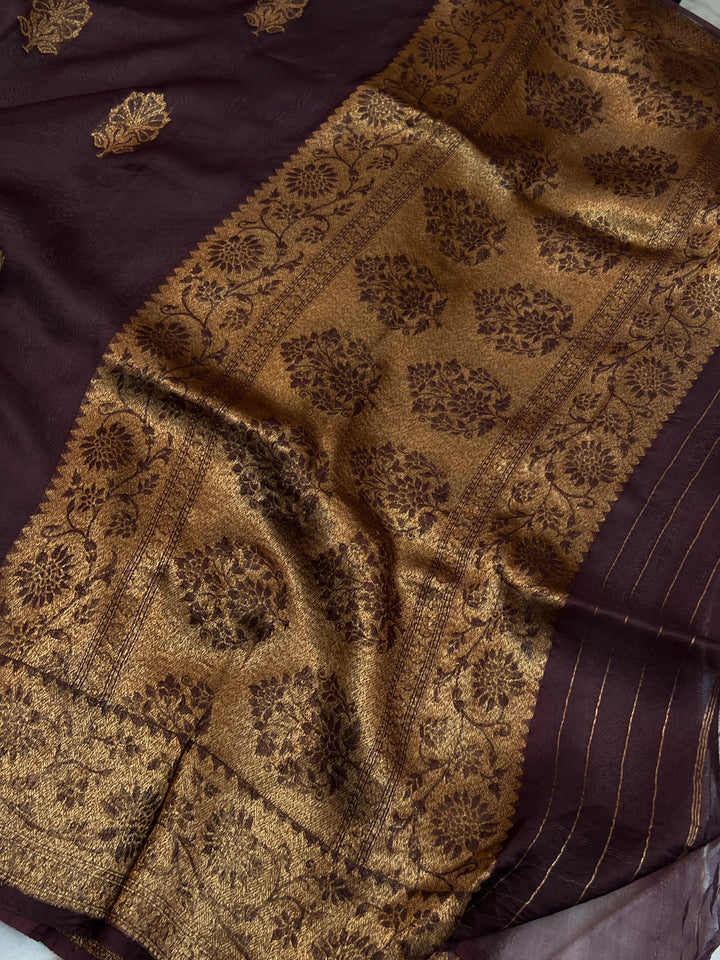 Brown Pure Kora Silk Handloom Banarasi Saree