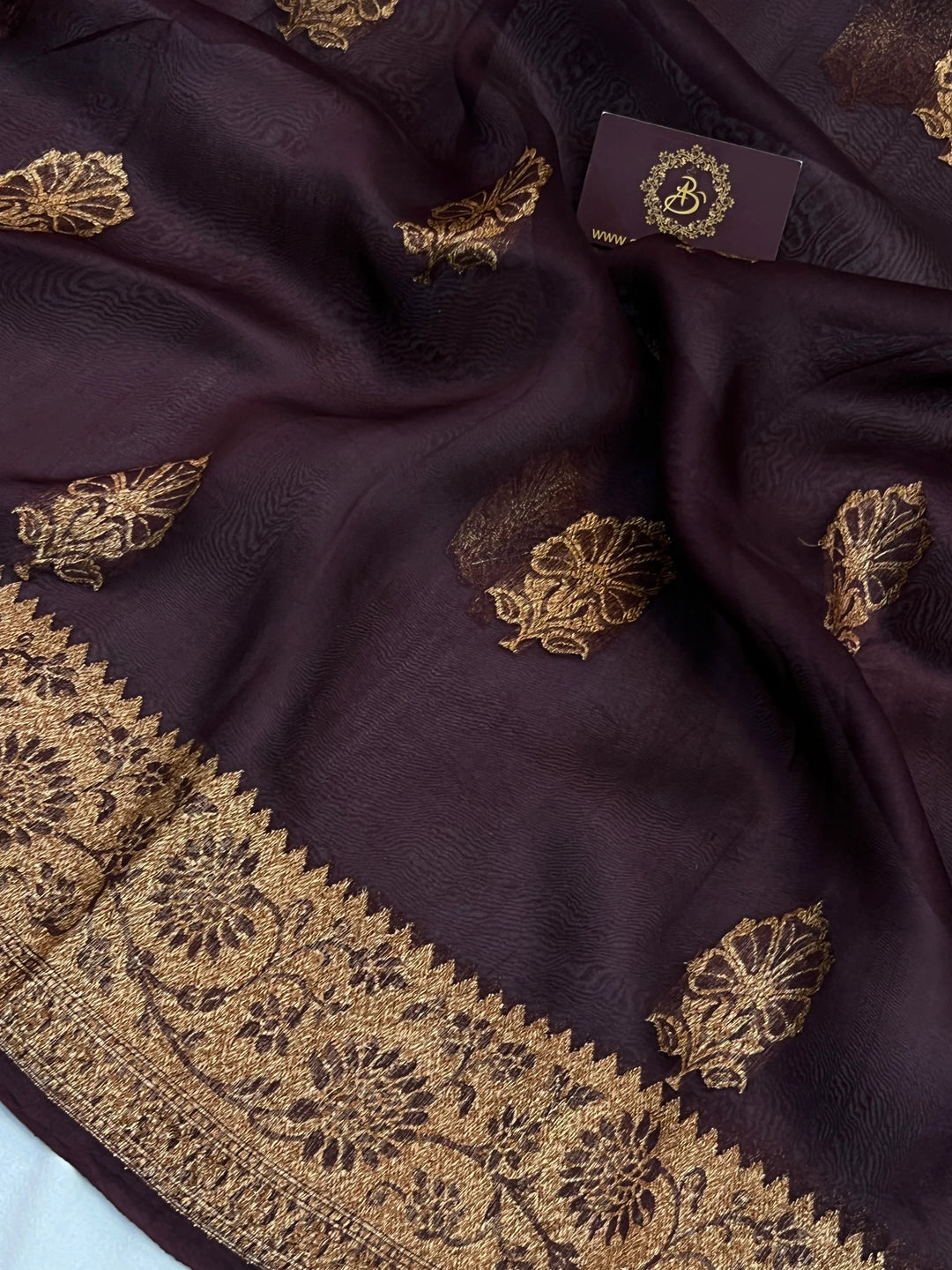 Brown Pure Kora Silk Handloom Banarasi Saree