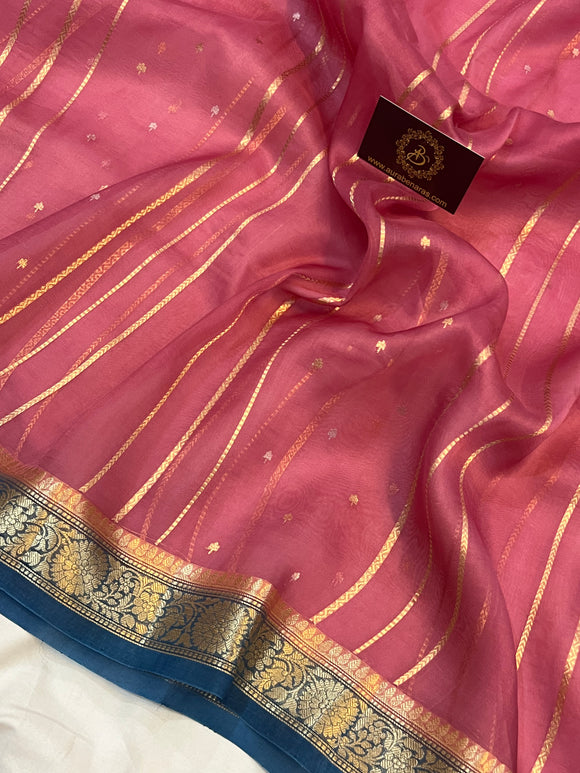 Onion Pink Pure Banarasi Handloom Kora Silk Saree - Aura Benaras