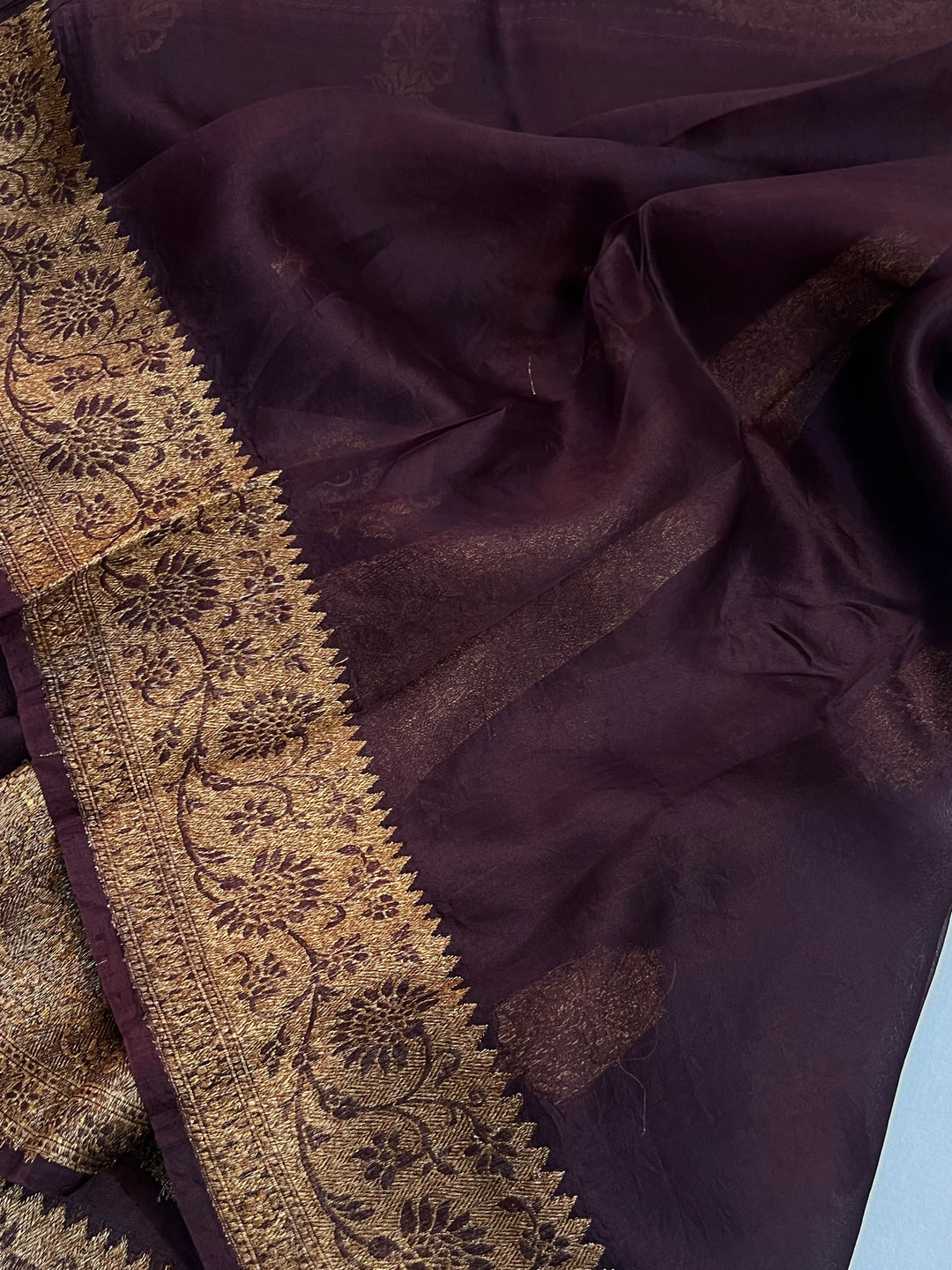 Brown Pure Kora Silk Handloom Banarasi Saree