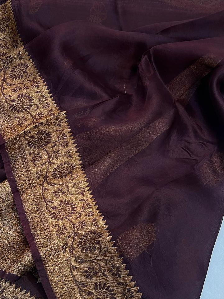 Brown Pure Kora Silk Handloom Banarasi Saree