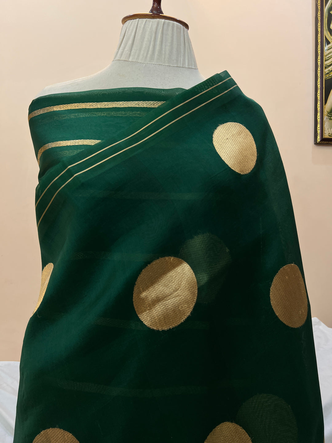 Bottle Green Pure Banarasi Handloom Kora Silk Saree