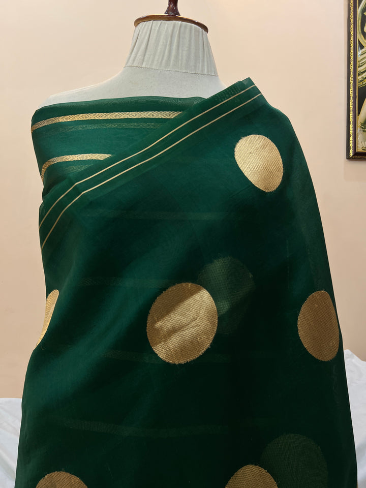 Bottle Green Pure Banarasi Handloom Kora Silk Saree