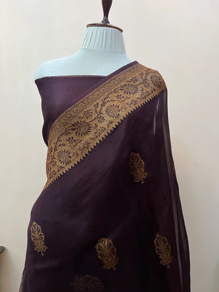 Brown Pure Kora Silk Handloom Banarasi Saree