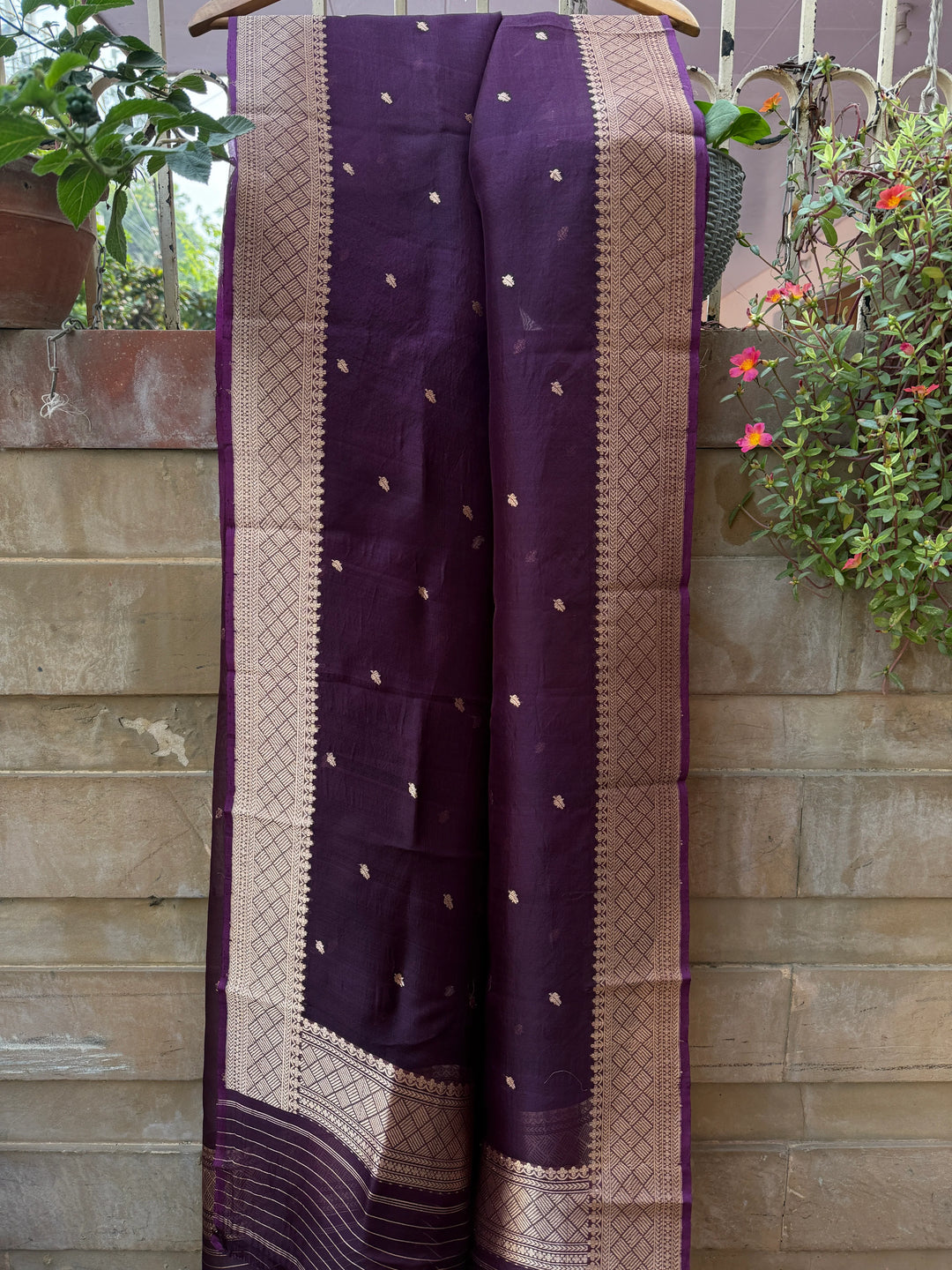 Wine Kora Silk Banarasi Dupatta with Kadhwa Zari Work