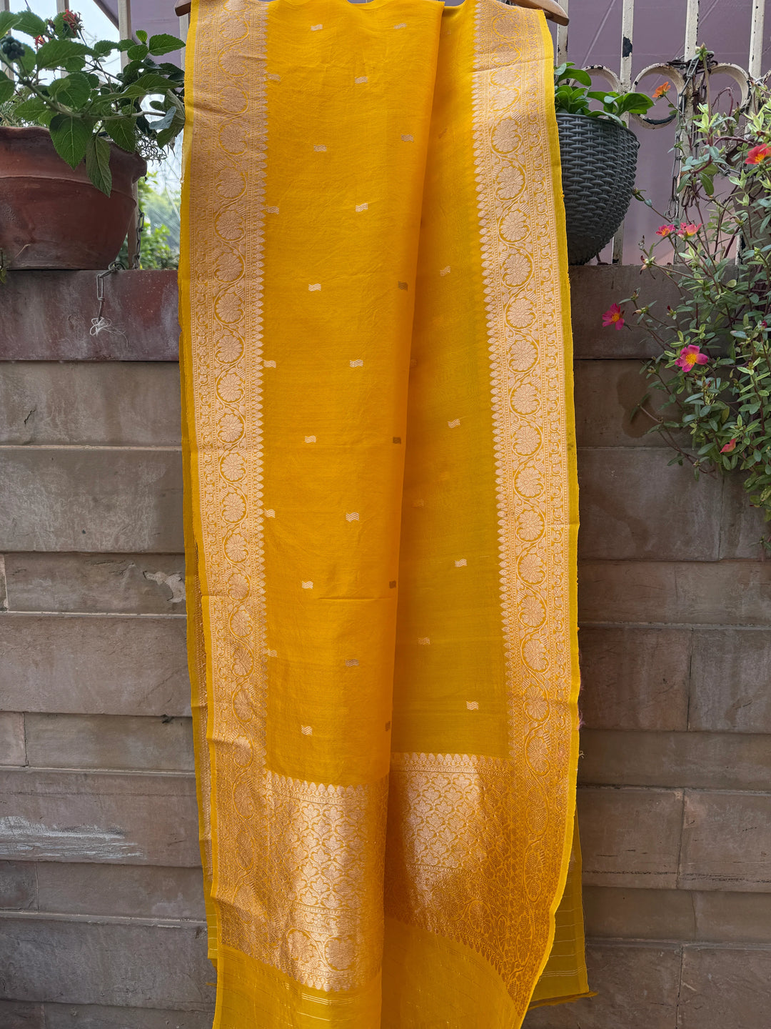 Yellow Kora Silk Banarasi Dupatta with Kadhwa Zari Work