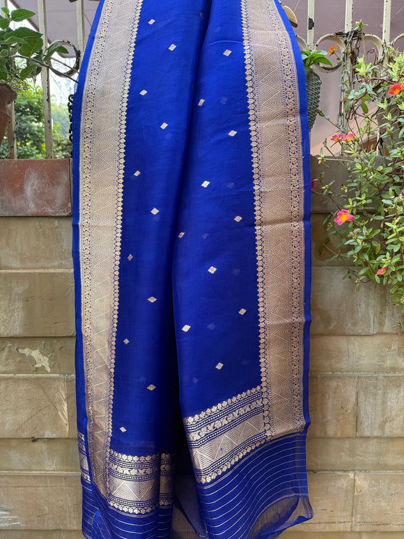 Royal Blue Kora Silk Banarasi Dupatta with Kadhwa Zari Work