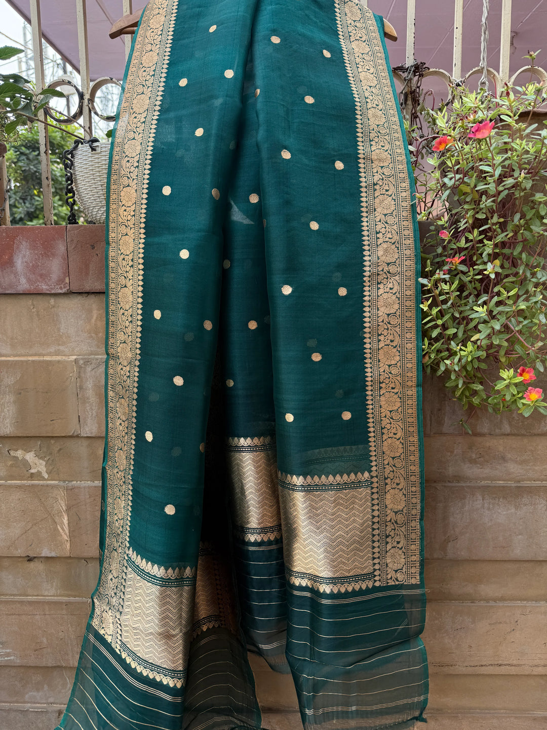 Bottle Green Kora Silk Banarasi Dupatta with Kadhwa Zari Work