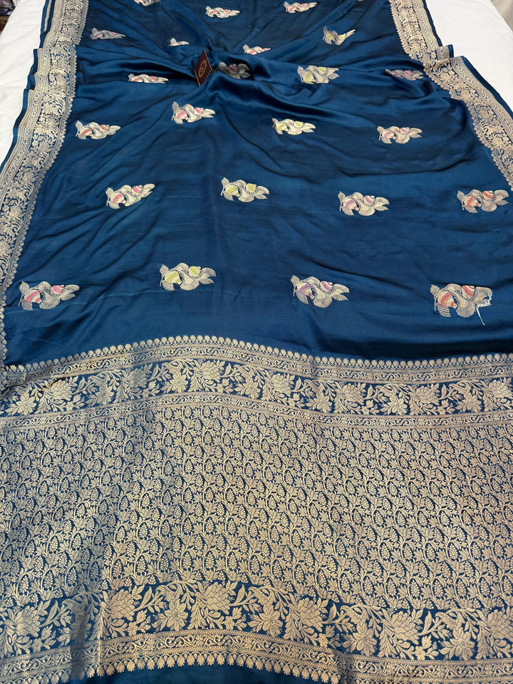 Teal Blue Pure Mashru Silk Handloom Banarasi Saree