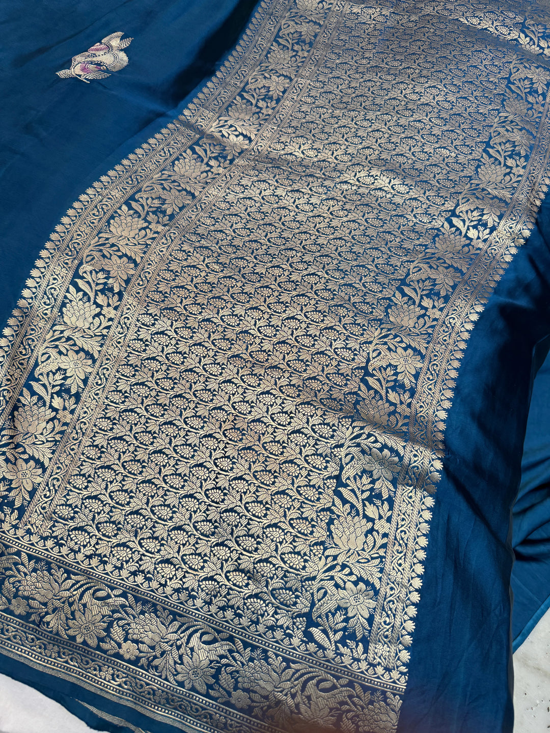 Teal Blue Pure Mashru Silk Handloom Banarasi Saree