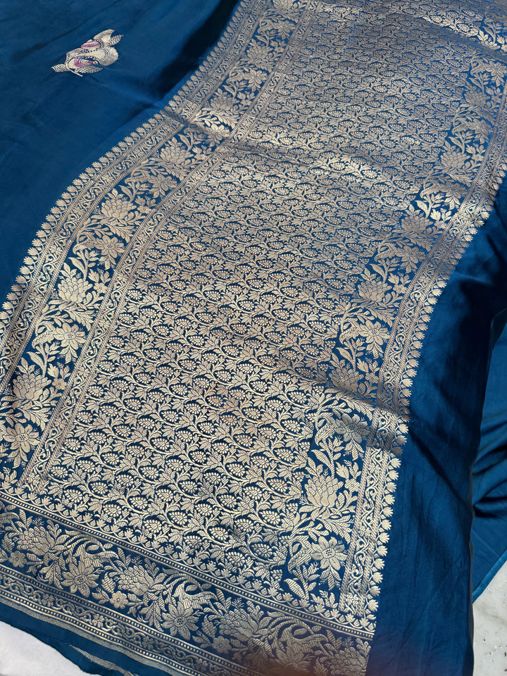 Teal Blue Pure Mashru Silk Handloom Banarasi Saree