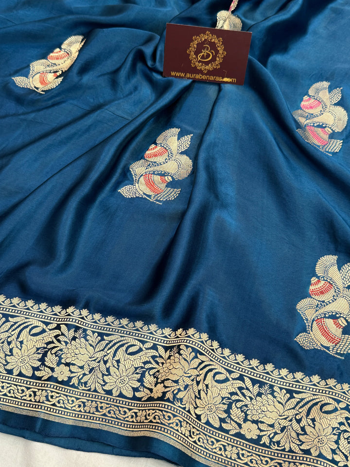Teal Blue Pure Mashru Silk Handloom Banarasi Saree