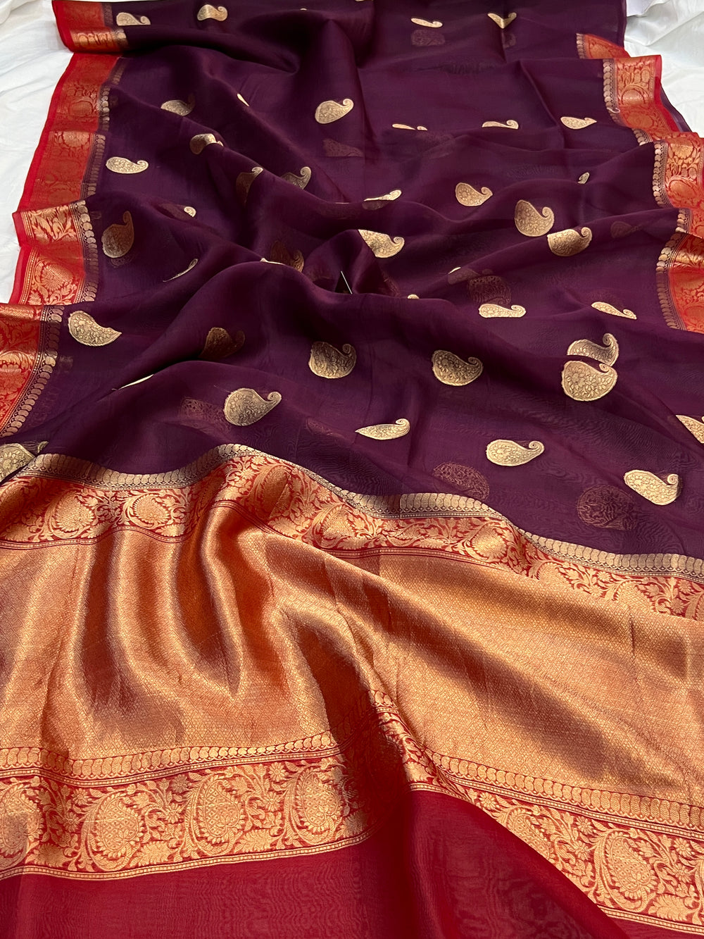 Wine Pure Kora Silk Handloom Banarasi Saree