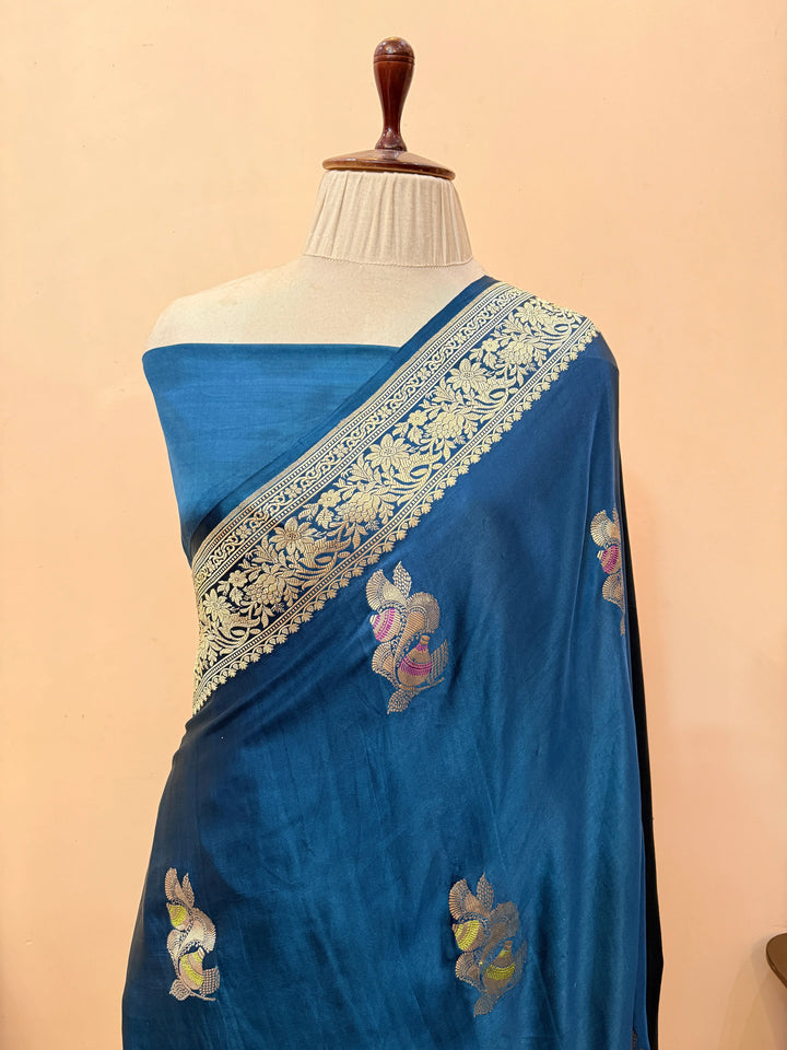 Teal Blue Pure Mashru Silk Handloom Banarasi Saree
