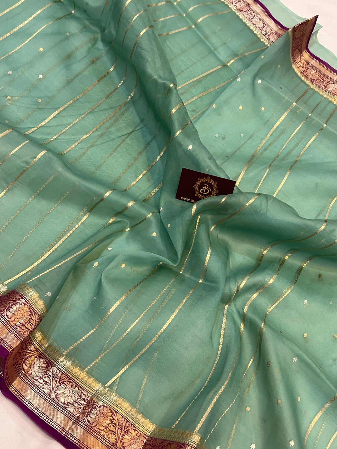 Saje Green Pure Banarasi Handloom Kora Silk Saree - Aura Benaras