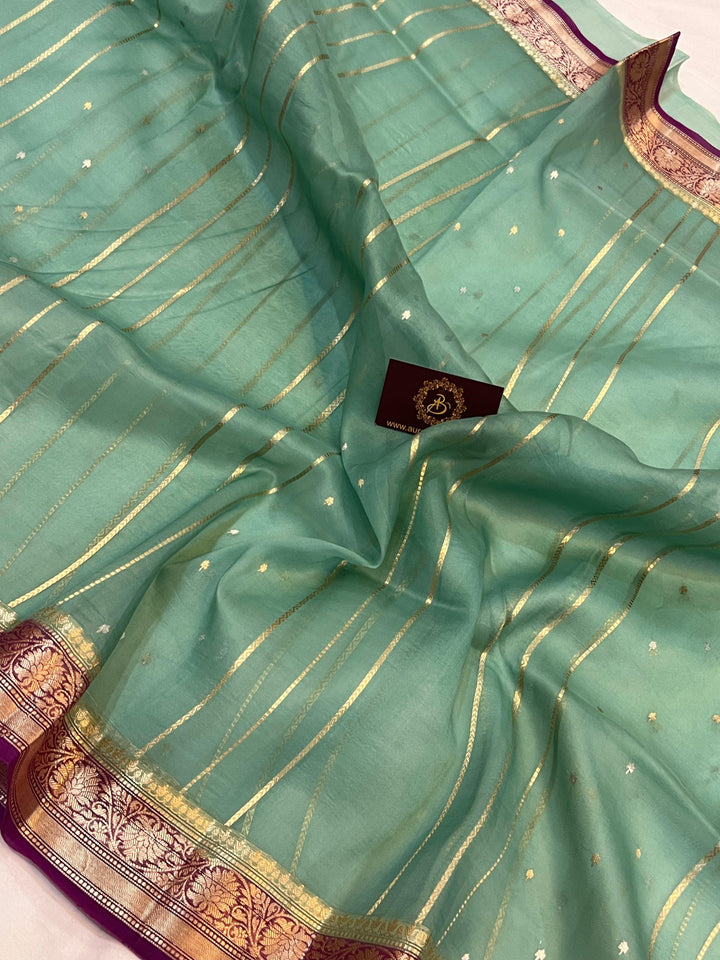 Saje Green Pure Banarasi Handloom Kora Silk Saree - Aura Benaras