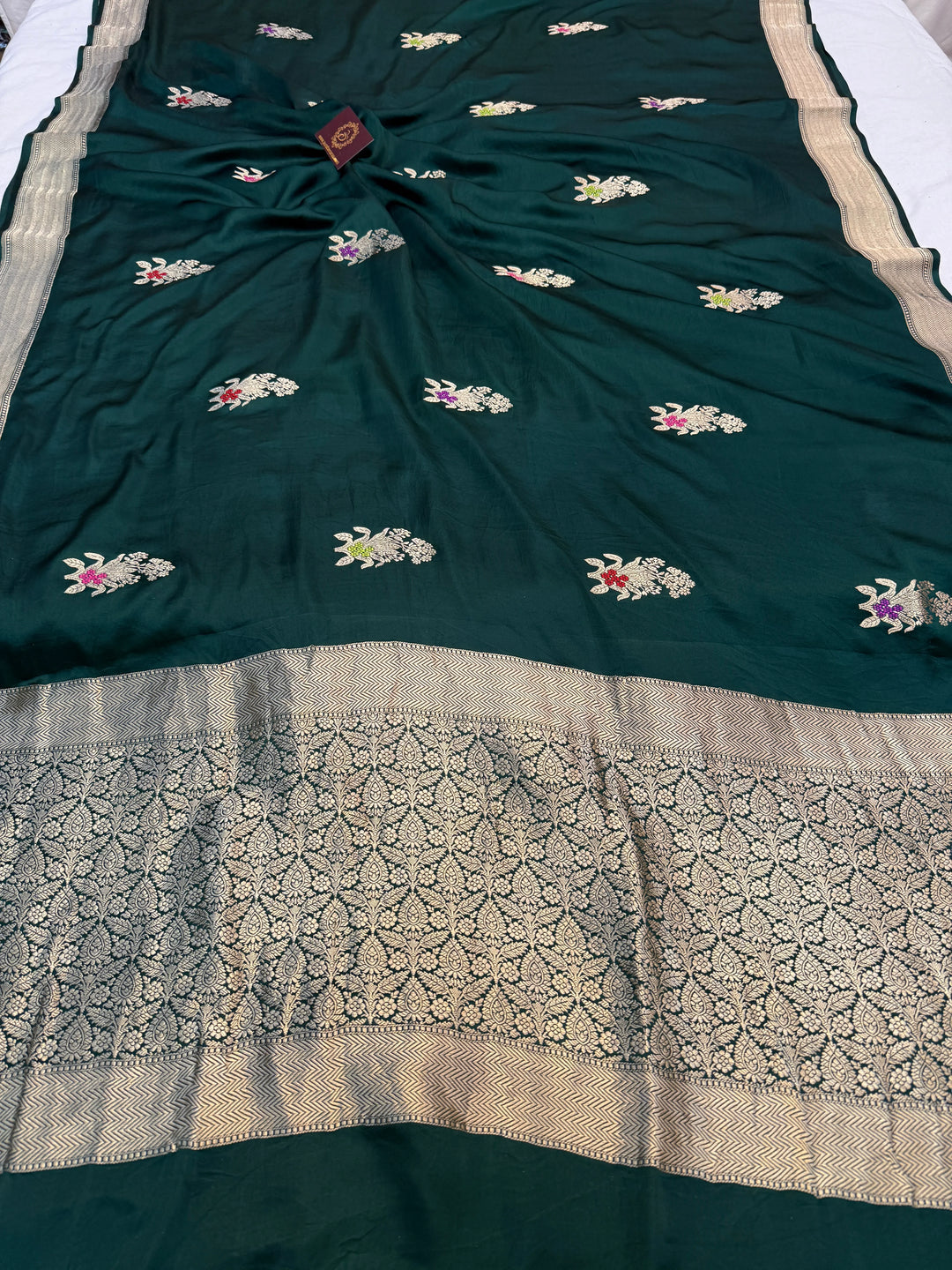 Bottle Green Pure Mashru Silk Handloom Banarasi Saree