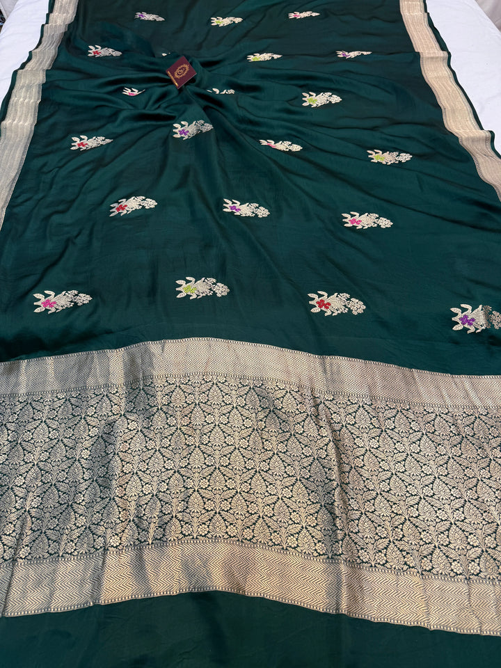 Bottle Green Pure Mashru Silk Handloom Banarasi Saree