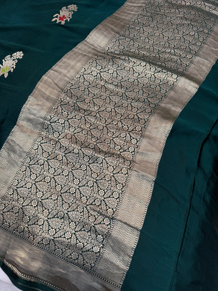 Bottle Green Pure Mashru Silk Handloom Banarasi Saree