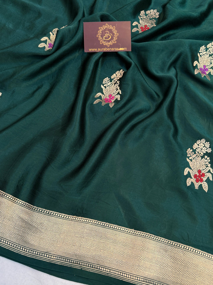 Bottle Green Pure Mashru Silk Handloom Banarasi Saree