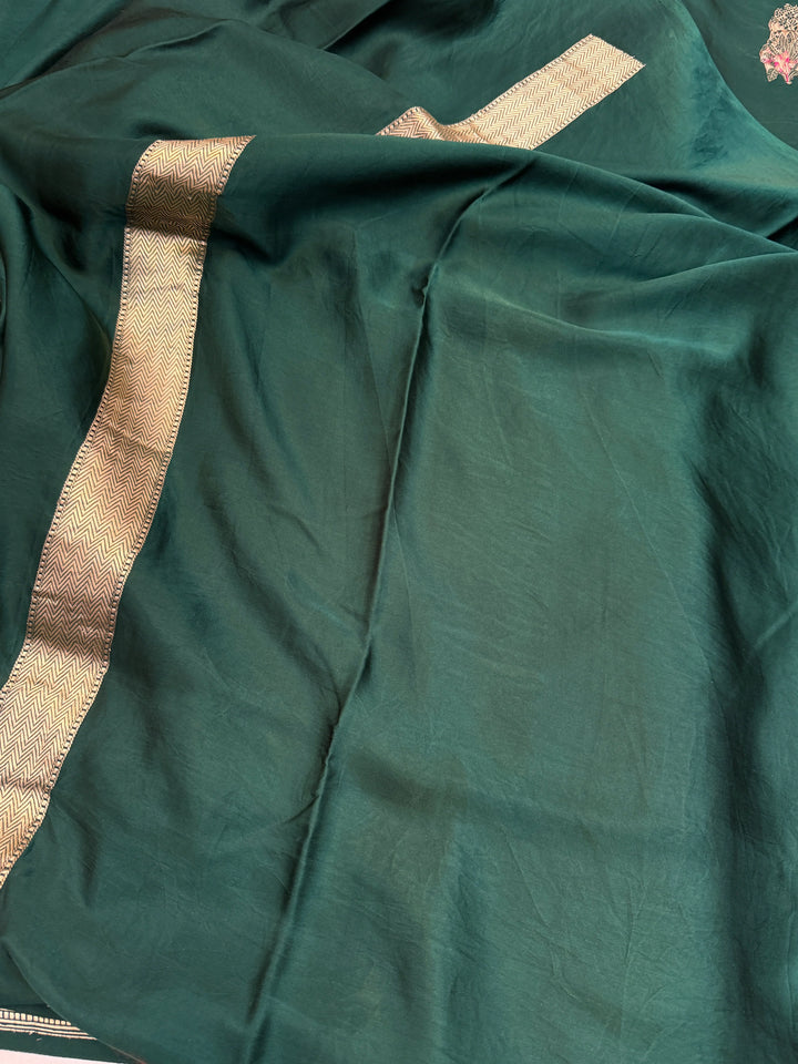 Bottle Green Pure Mashru Silk Handloom Banarasi Saree