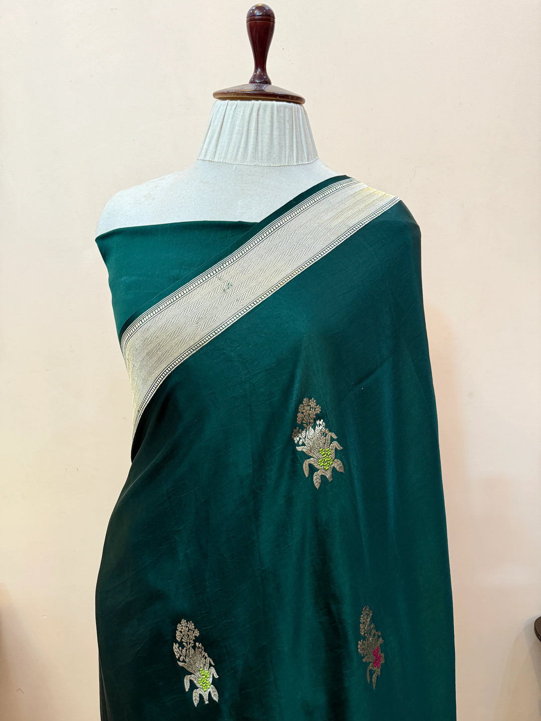 Bottle Green Pure Mashru Silk Handloom Banarasi Saree
