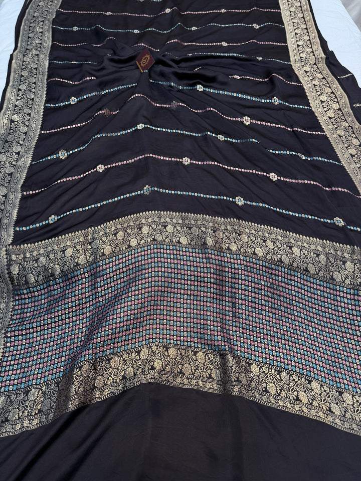 Black Pure Mashru Silk Handloom Banarasi Saree