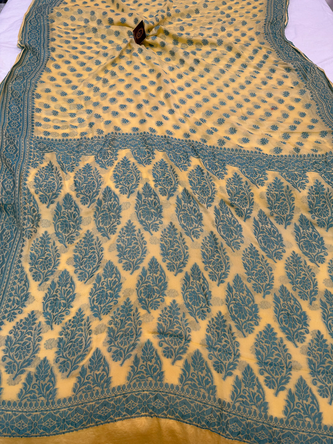 Lemon Yellow Pure Banarasi Khaddi Chiffon Saree