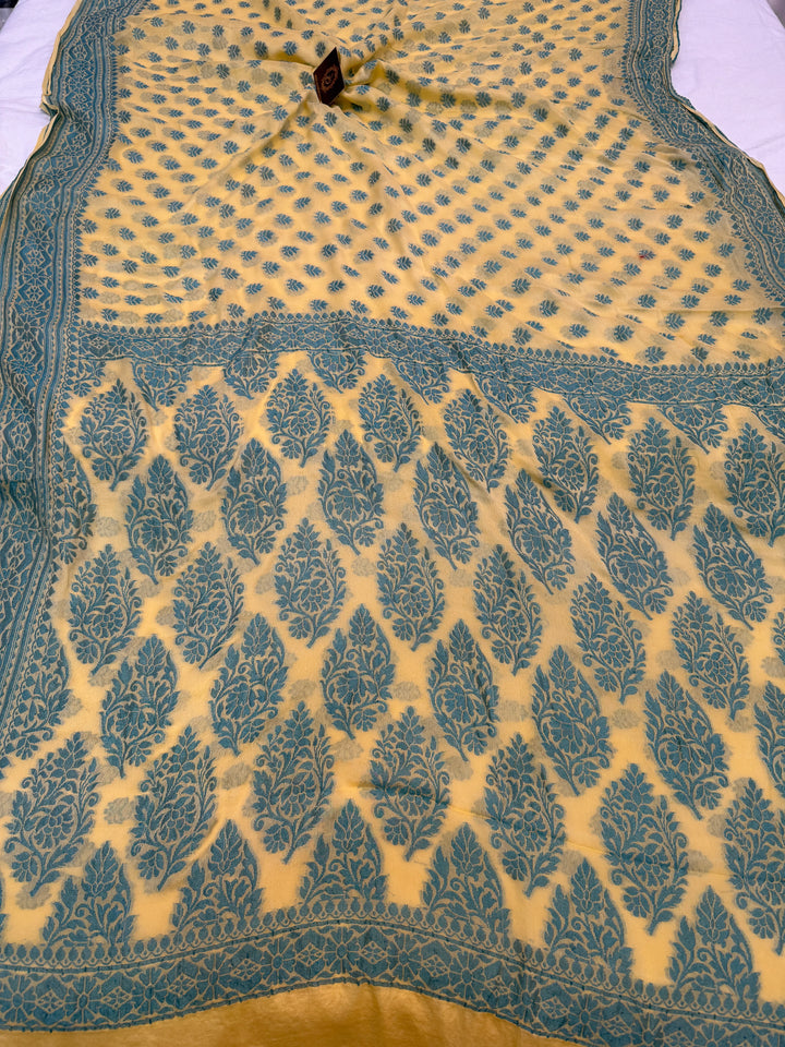 Lemon Yellow Pure Banarasi Khaddi Chiffon Saree