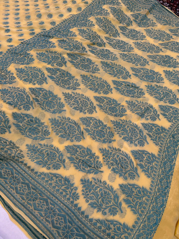 Lemon Yellow Pure Banarasi Khaddi Chiffon Saree