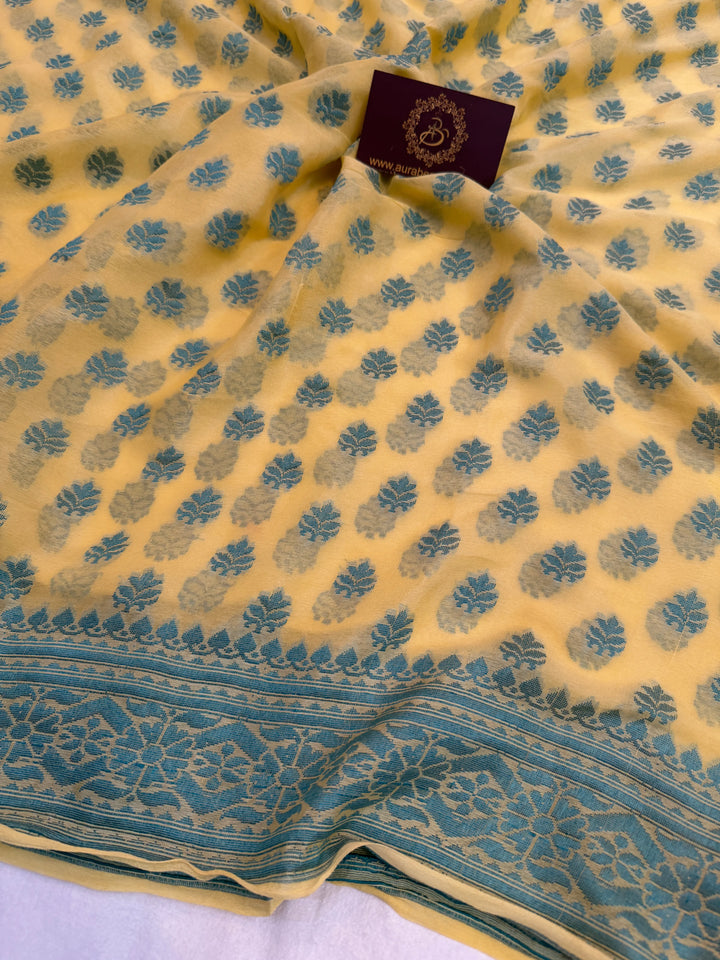 Lemon Yellow Pure Banarasi Khaddi Chiffon Saree